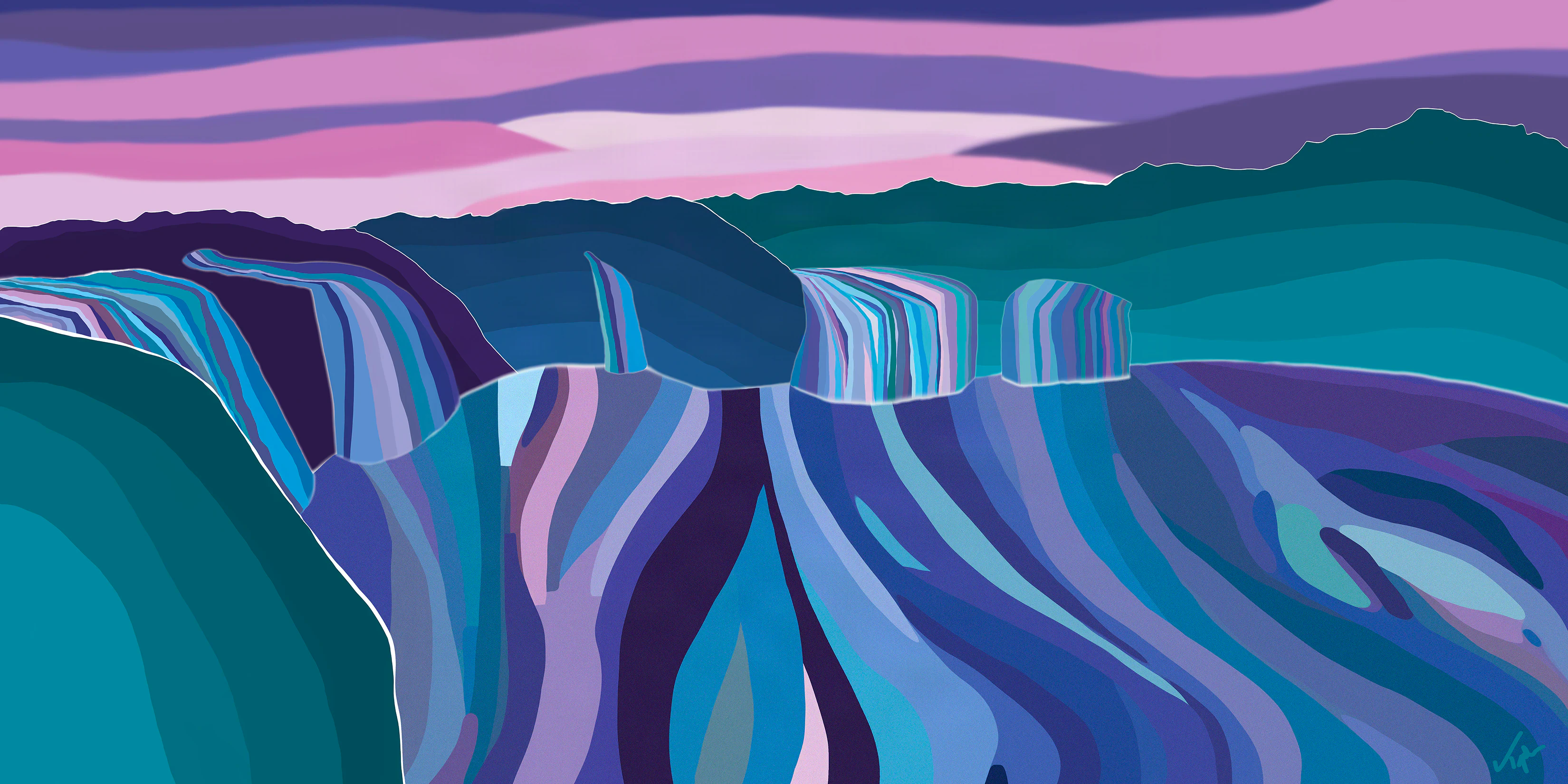 Stylized blue and purple waters cascade over Iceland’s Goðafoss waterfall.