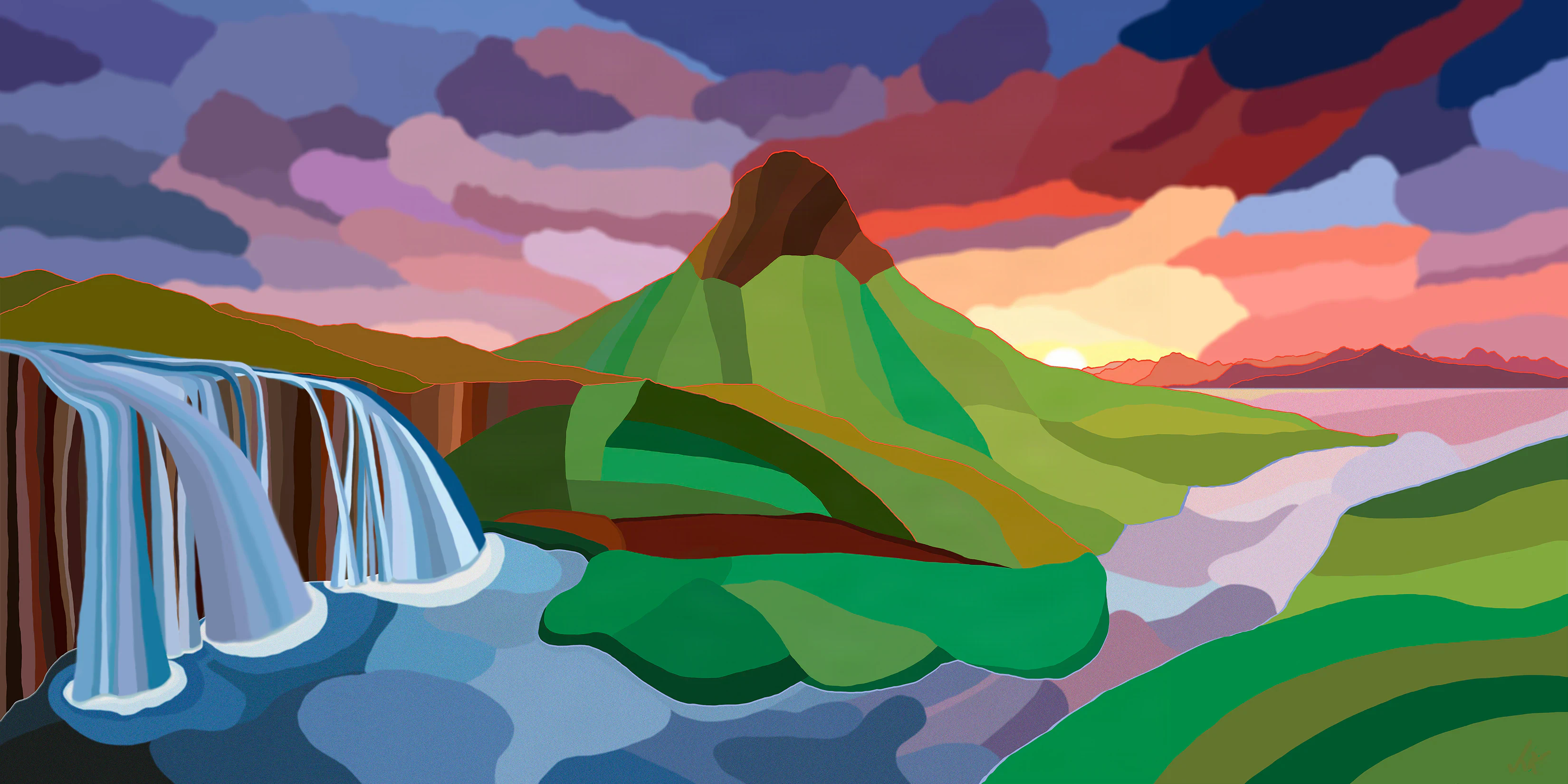 Iceland’s Kirkjufell rises beside stylized waterfalls beneath a glowing sunset.