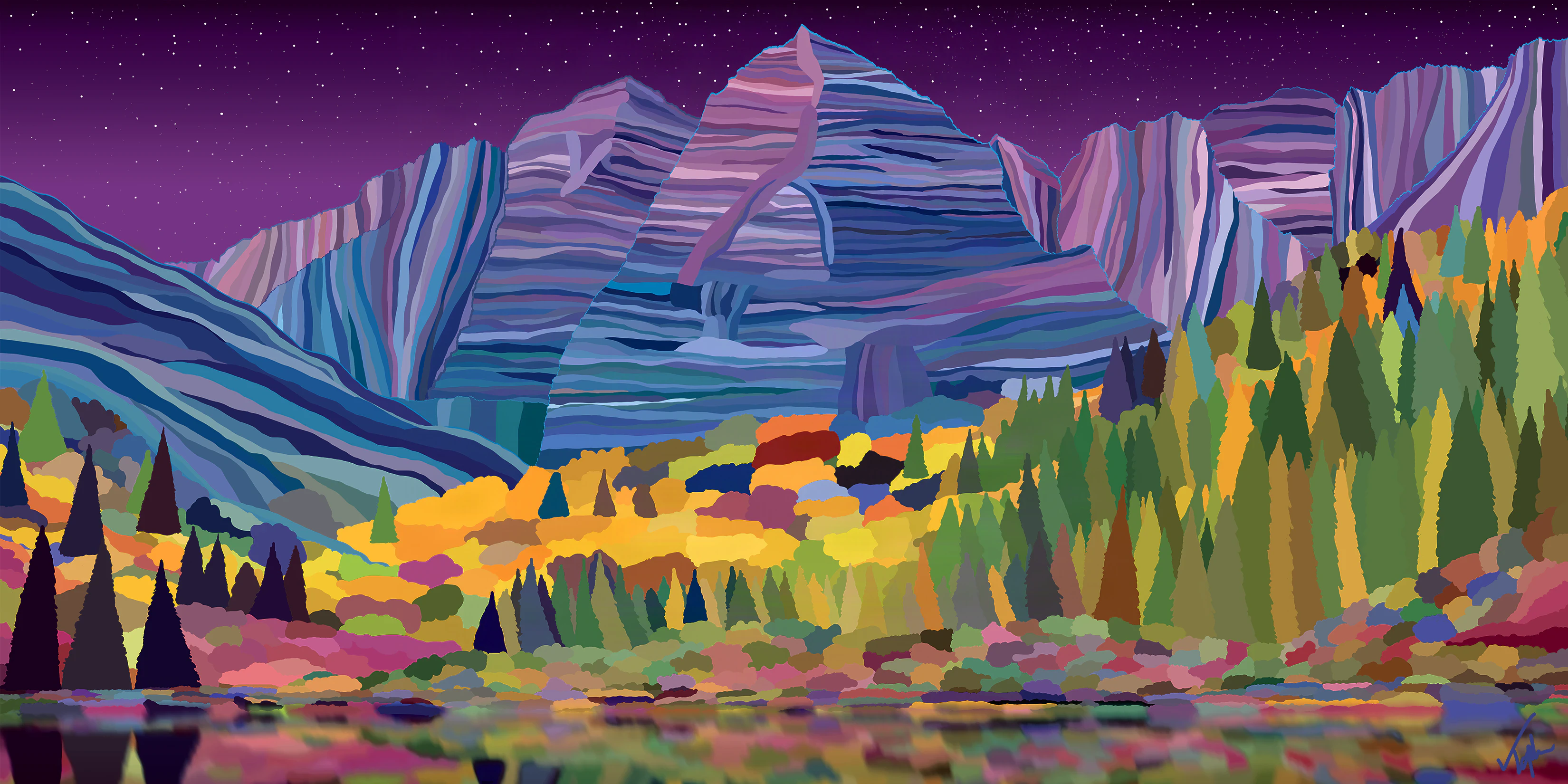 Maroon Bells by Topher Straus, twin peaks above an autumn lake under a starry sky