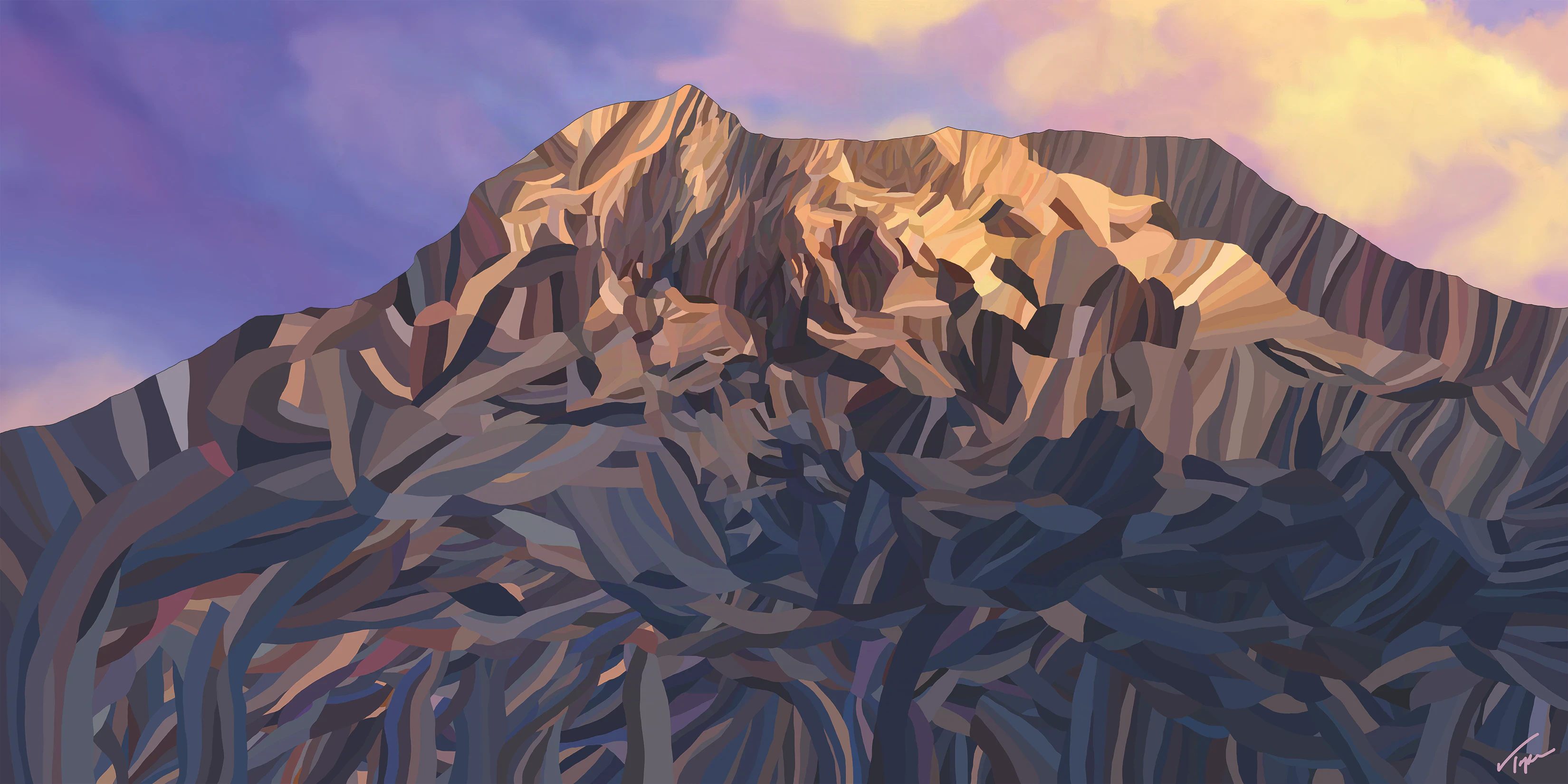 Snowcapped Mount Rainier rises above the surrounding landscape in luminous pastel light.