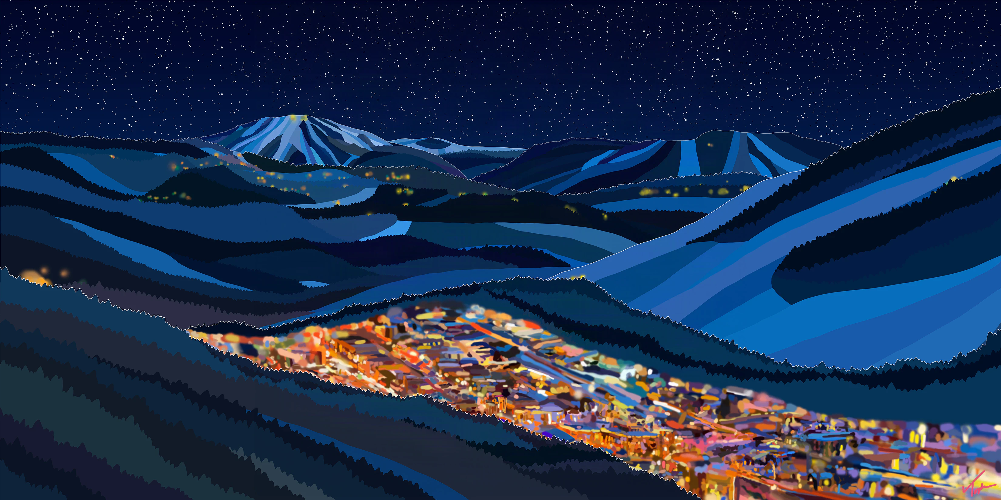 Colorful, layered view of Park City, Utah, blending its historic town and mountain slopes.