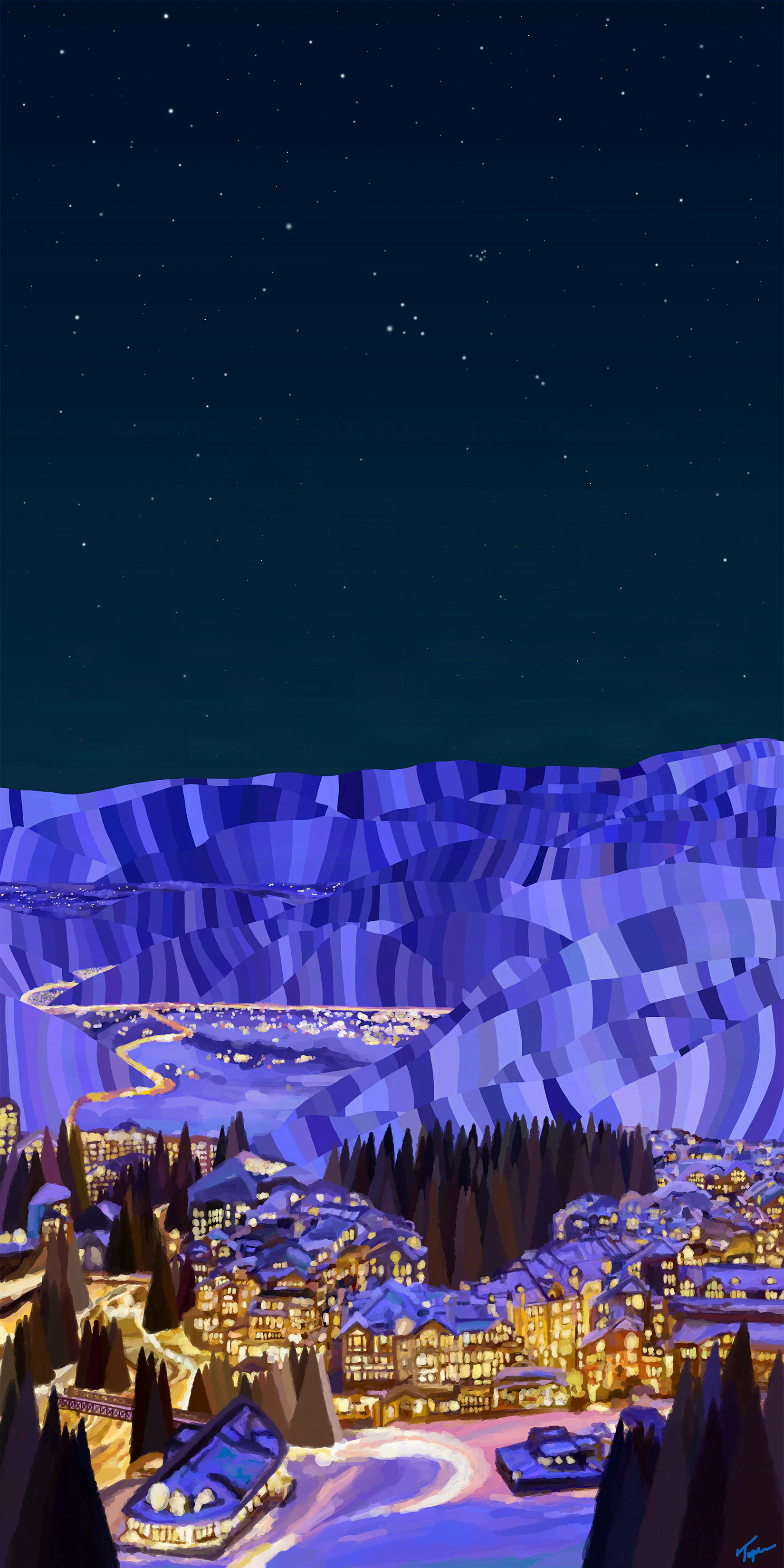 Nighttime panorama of Vail, Colorado, glowing beneath a starry sky.