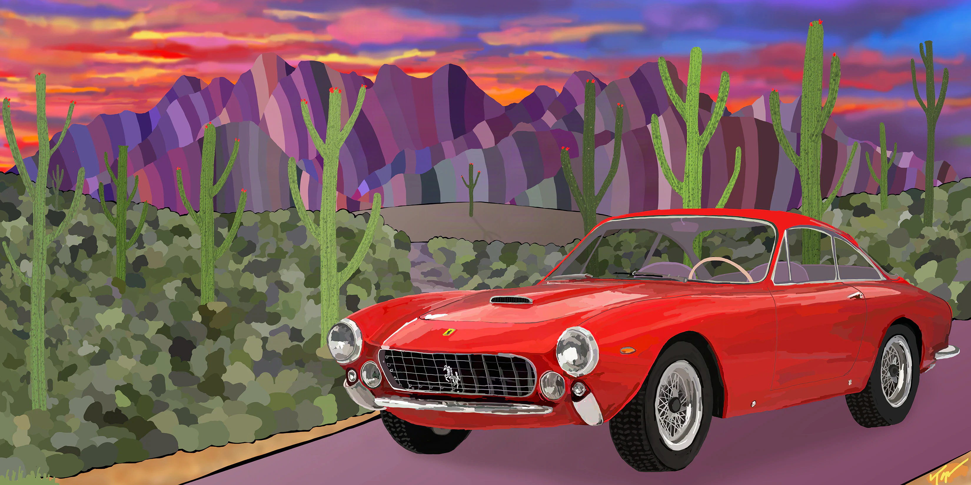 Colorful painting of a red 1962 Ferrari 250 GT Lusso on Arizona’s Apache Trail, with saguaro cacti, the Superstition Mountains, and a vivid sunset.