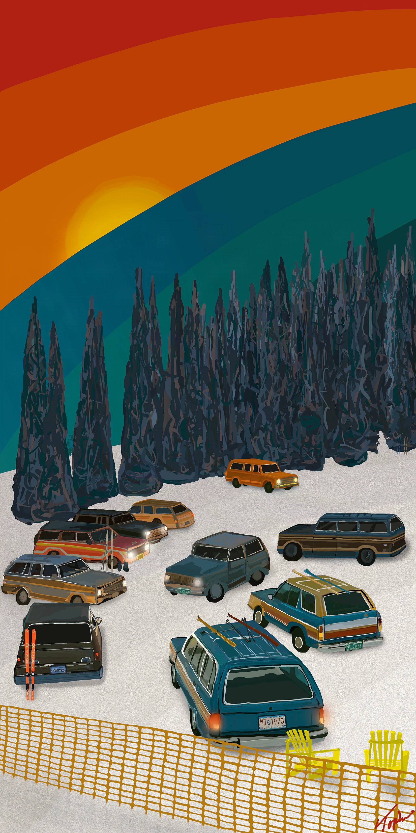 Wood-paneled wagons with skis on their roofs fill the snowy Mary Jane parking lot at dusk.