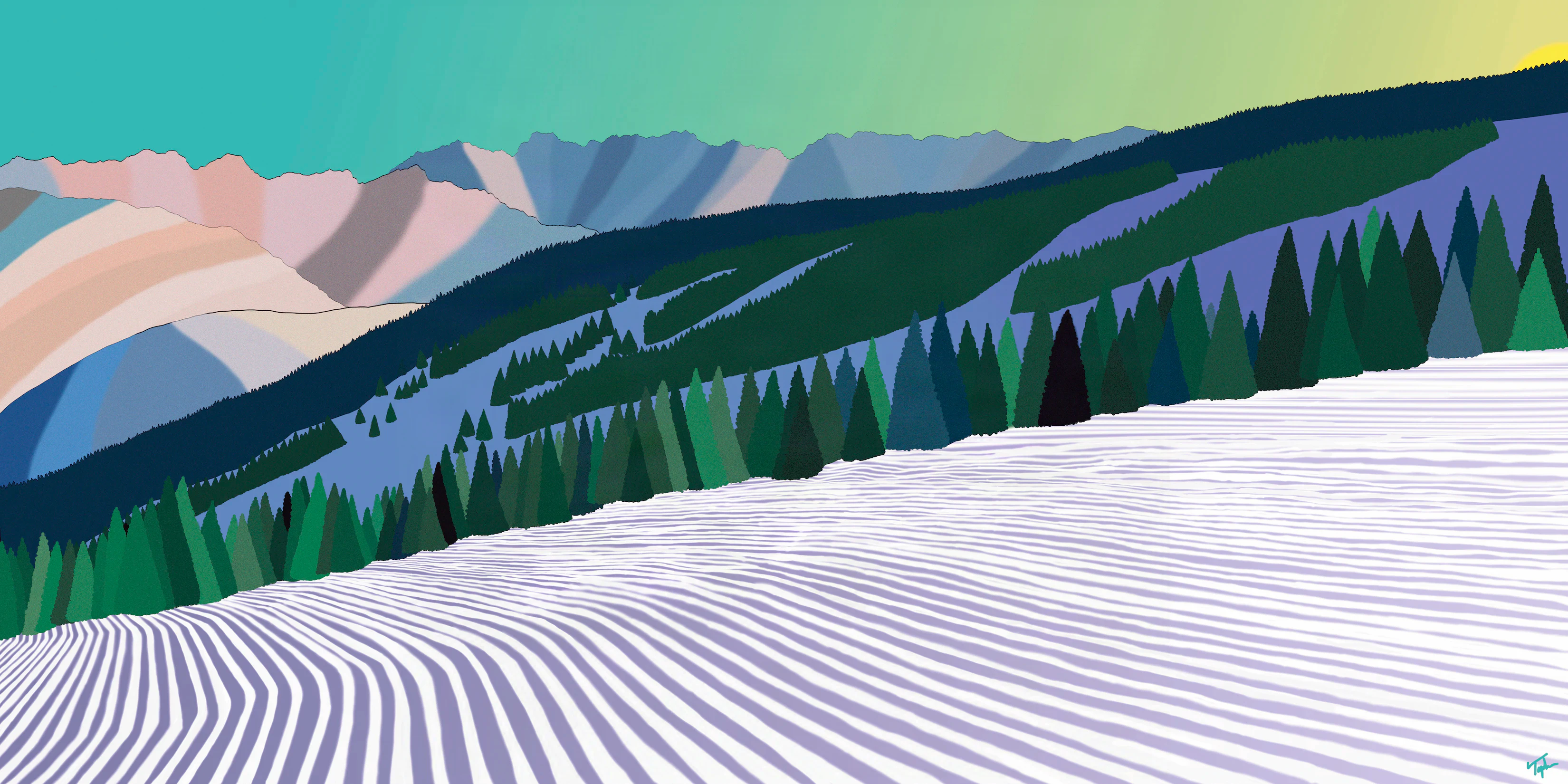 Vail by Topher Straus, colorful mountains and groomed ski slopes